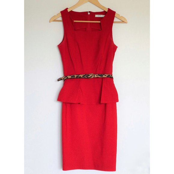 Red Sleeveless Fitted Dress with Peplum and Leopard Print Belt - Picture 1 of 8